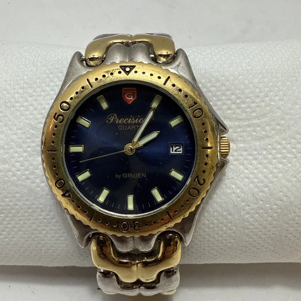 Vintage Gruen Precision Men's Watch Two Tone‎ Gold Silver-Blue Face-Not Tested